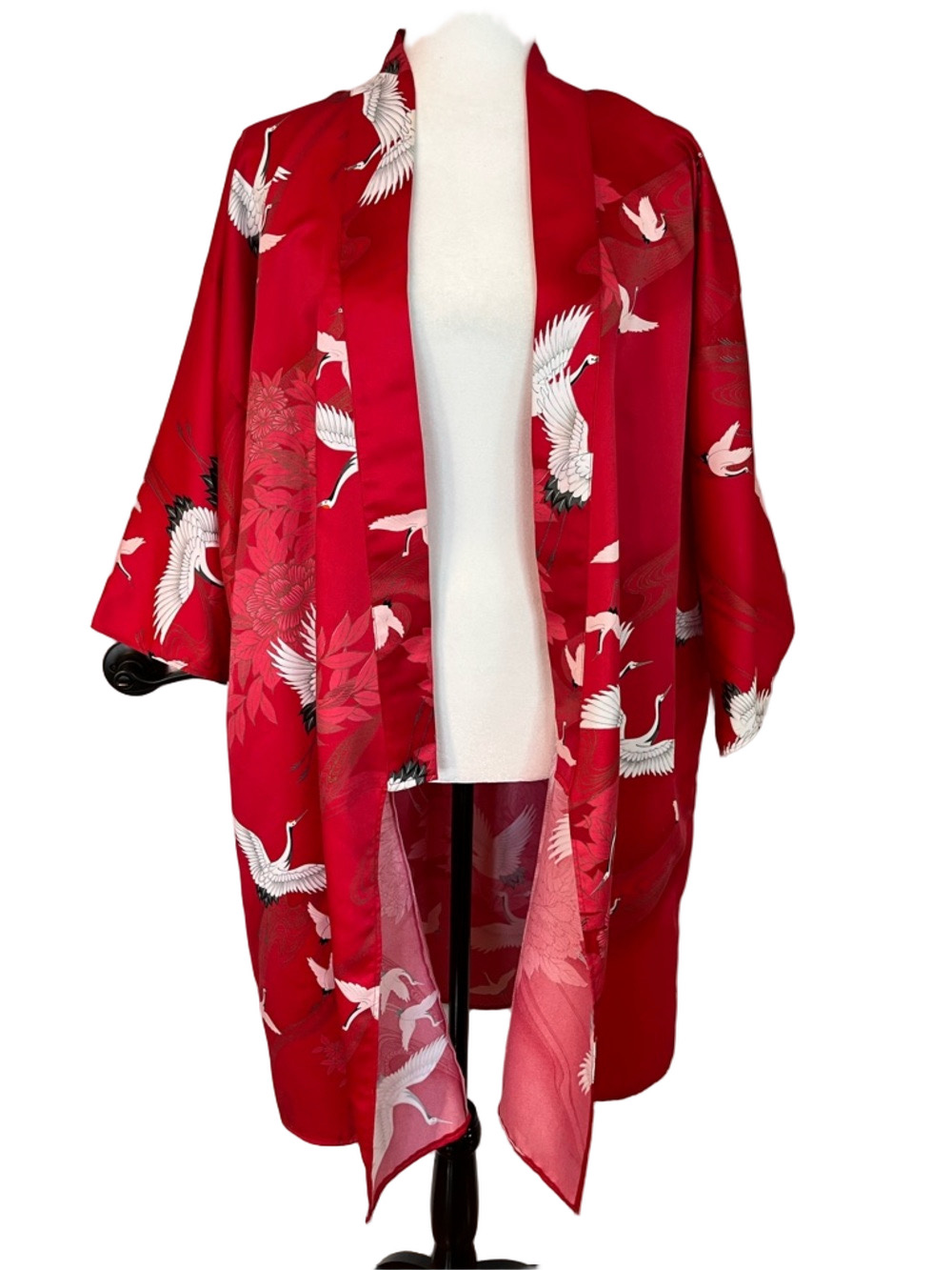 Vintage Red Satin Japanese Kimono Robe White Crane Print Made In Japan